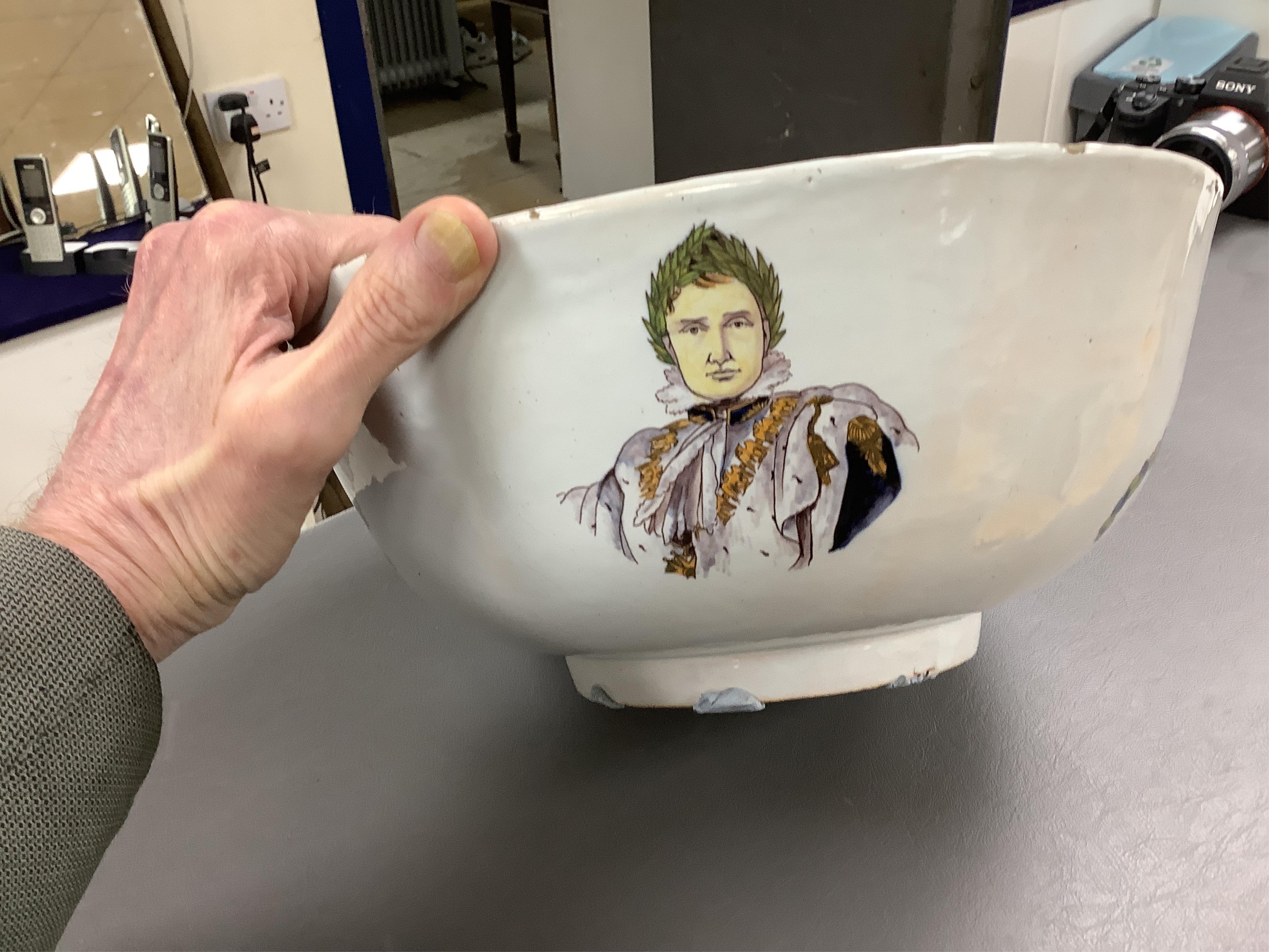 18th and 19th century faience including five chargers and large bowl, latter 30cm